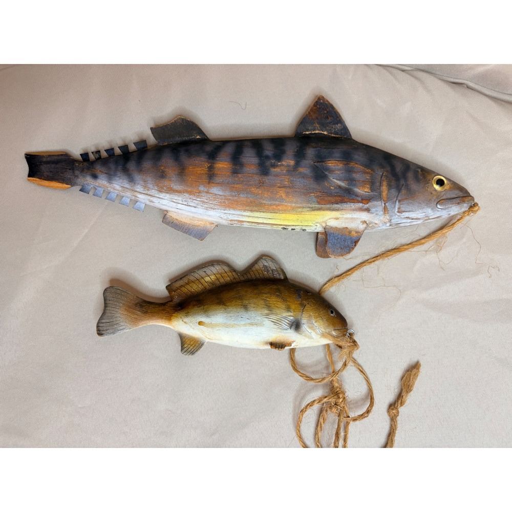 Vintage Hand Carved Wooden Fish Wall Hanging Decor Nautical Cabin Set of 2